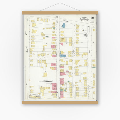 Old map wall art mockup — magnetic wood frame on white wall — Sanborn Fire Insurance Map from Hackensack, Bergen County, New Jersey (1908), Sheet #0019
