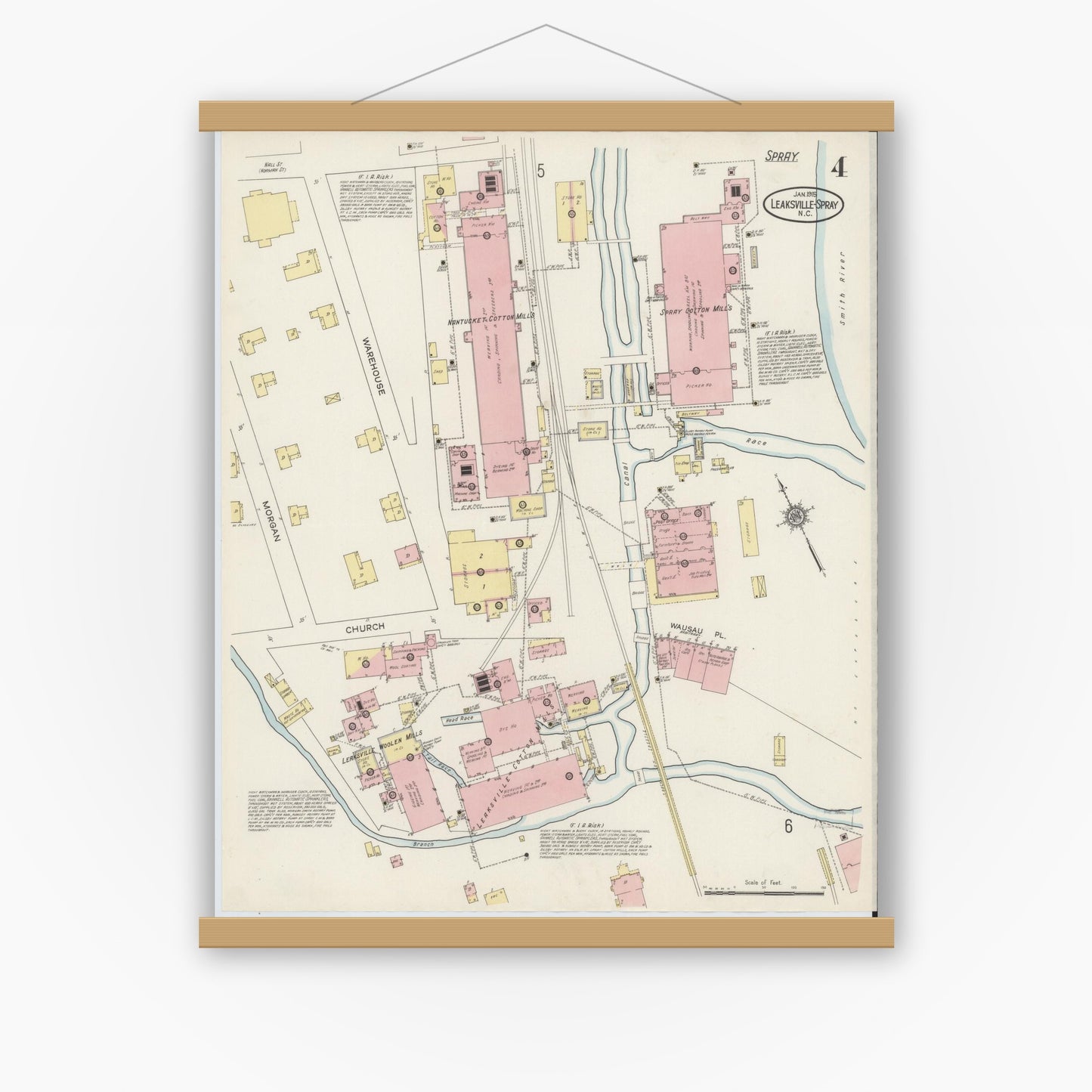 Old map wall art mockup — magnetic wood frame on white wall — Sanborn Fire Insurance Map from Leaksville-spray, Rockingham County, North Carolina (1915), Sheet #0004