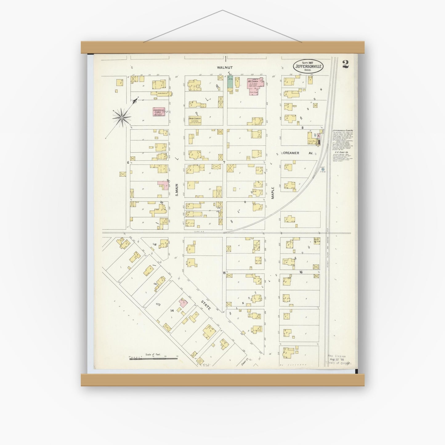 Old map wall art mockup — magnetic wood frame on white wall — Sanborn Fire Insurance Map from Jeffersonville, Fayette County, Ohio (1907), Sheet #0002
