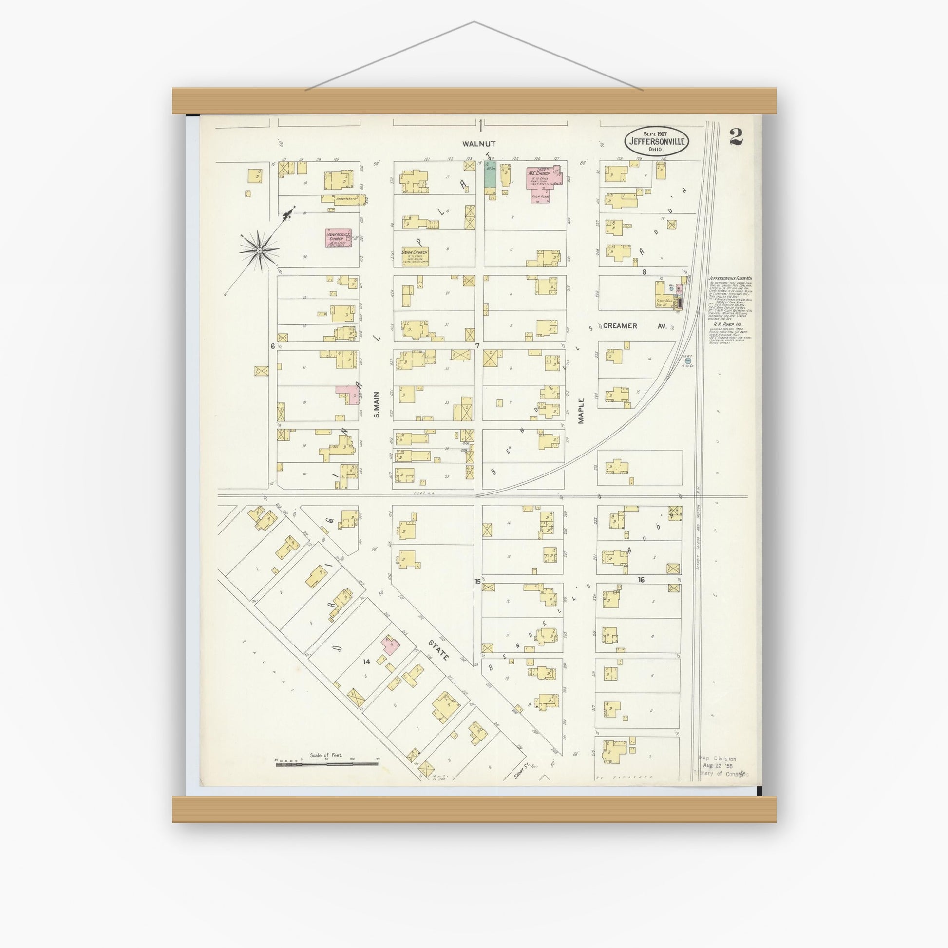 Old map wall art mockup — magnetic wood frame on white wall — Sanborn Fire Insurance Map from Jeffersonville, Fayette County, Ohio (1907), Sheet #0002