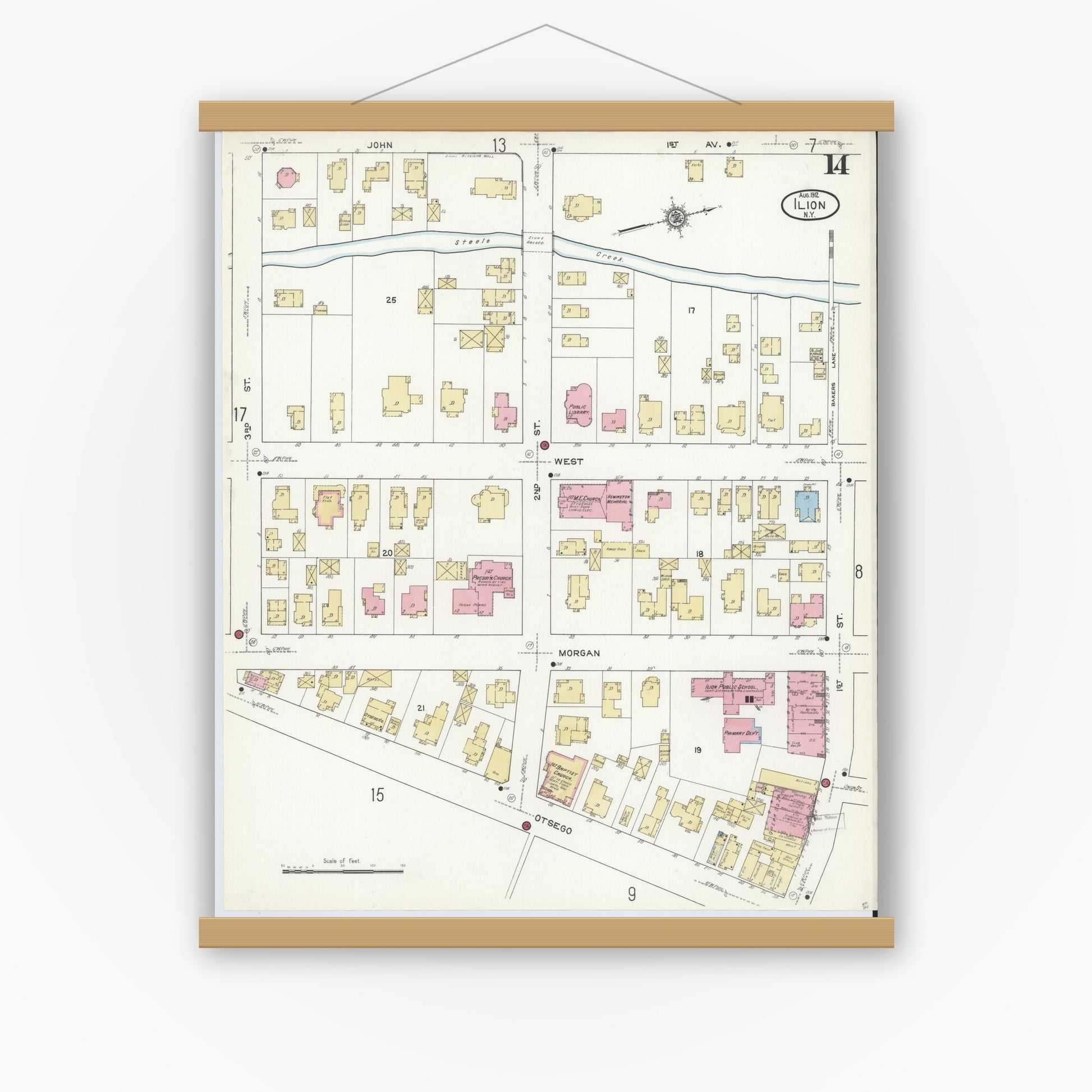 Old map wall art mockup — magnetic wood frame on white wall — Sanborn Fire Insurance Map from Ilion, Herkimer County, New York (1912), Sheet #0014
