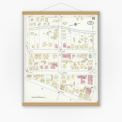 Old map wall art mockup — magnetic wood frame on white wall — Sanborn Fire Insurance Map from Ilion, Herkimer County, New York (1912), Sheet #0014