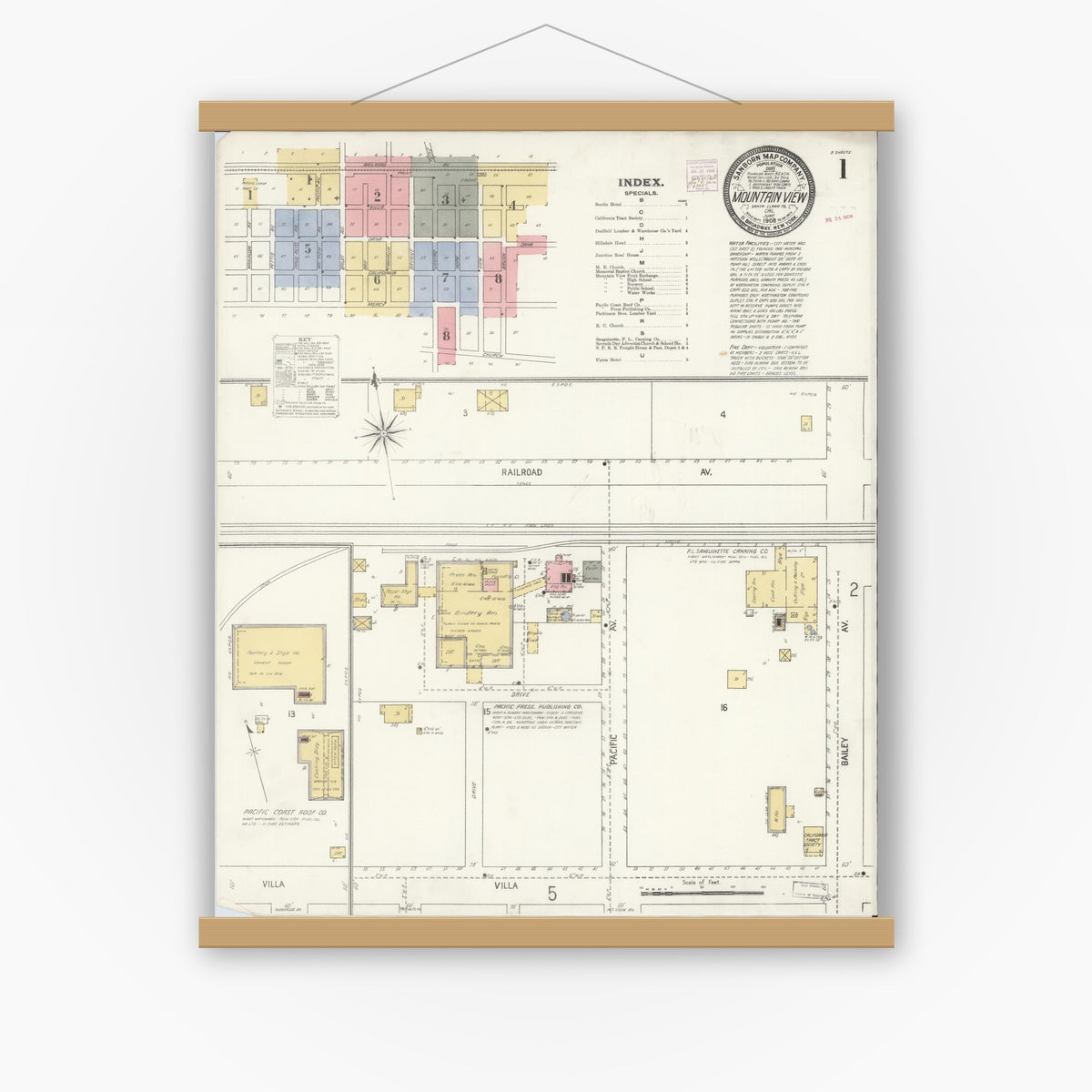 Old map wall art mockup — magnetic wood frame on white wall — Sanborn Fire Insurance Map from Mountain View, Santa Clara County, California (1908) - Complete Map Set