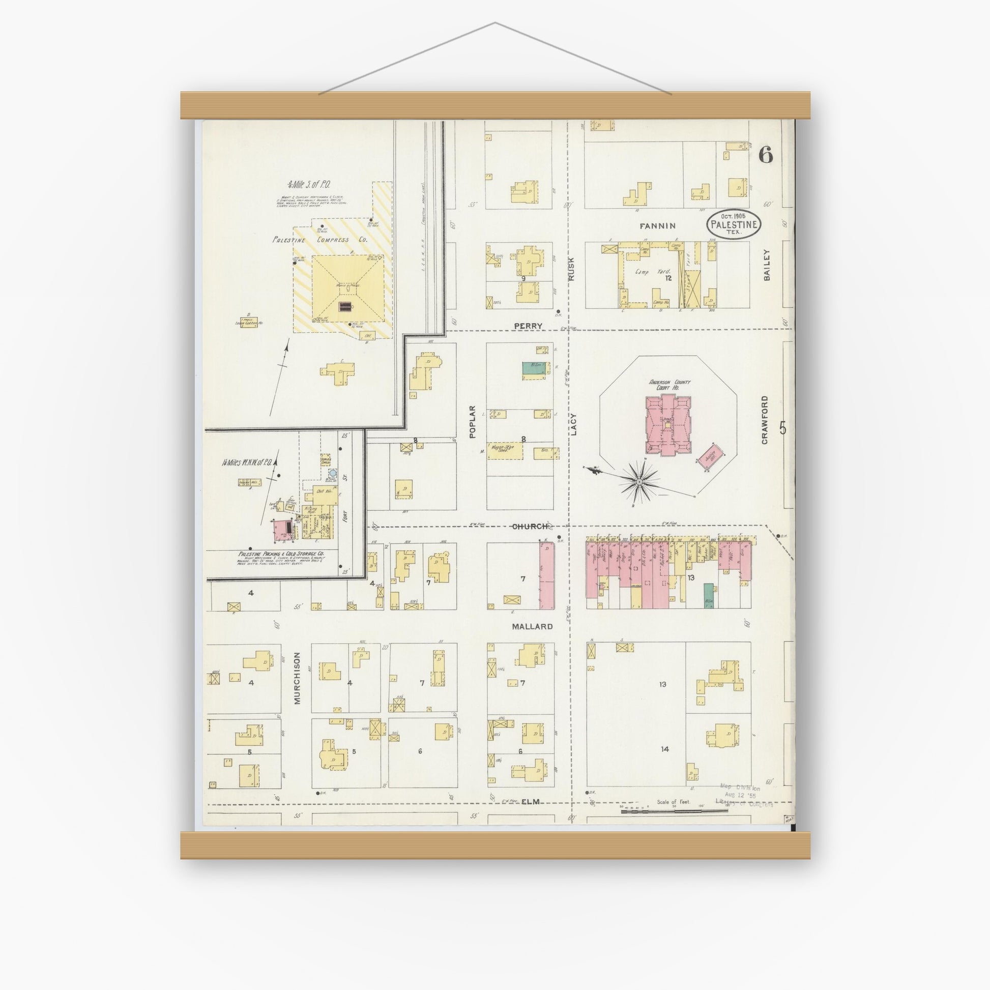 Old map wall art mockup — magnetic wood frame on white wall — Sanborn Fire Insurance Map from Palestine, Anderson County, Texas (1905), Sheet #0006