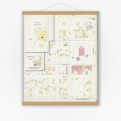 Old map wall art mockup — magnetic wood frame on white wall — Sanborn Fire Insurance Map from Palestine, Anderson County, Texas (1905), Sheet #0006