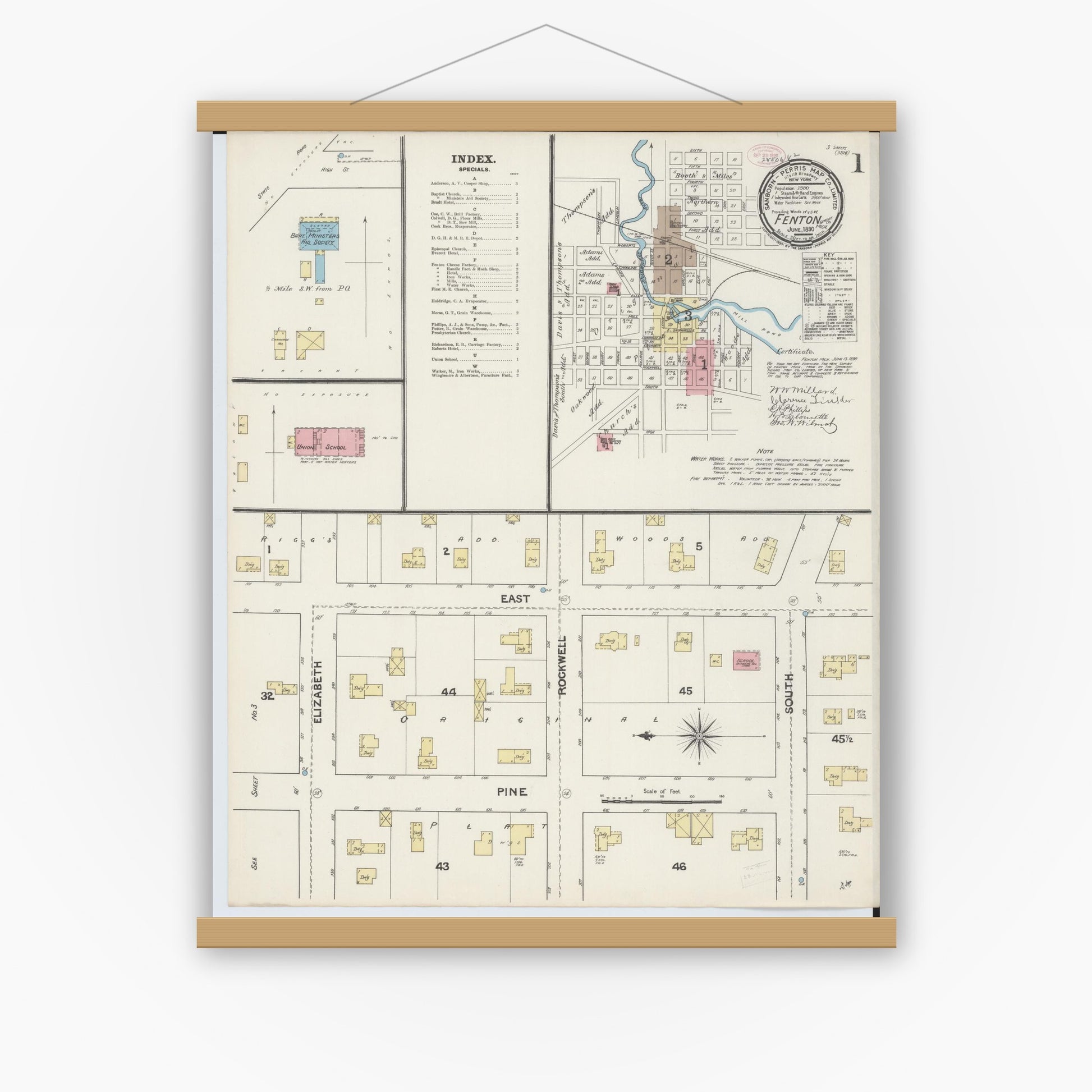 Old map wall art mockup — magnetic wood frame on white wall — Sanborn Fire Insurance Map from Fenton, Genesee County, Michigan (1890) - Complete Map Set