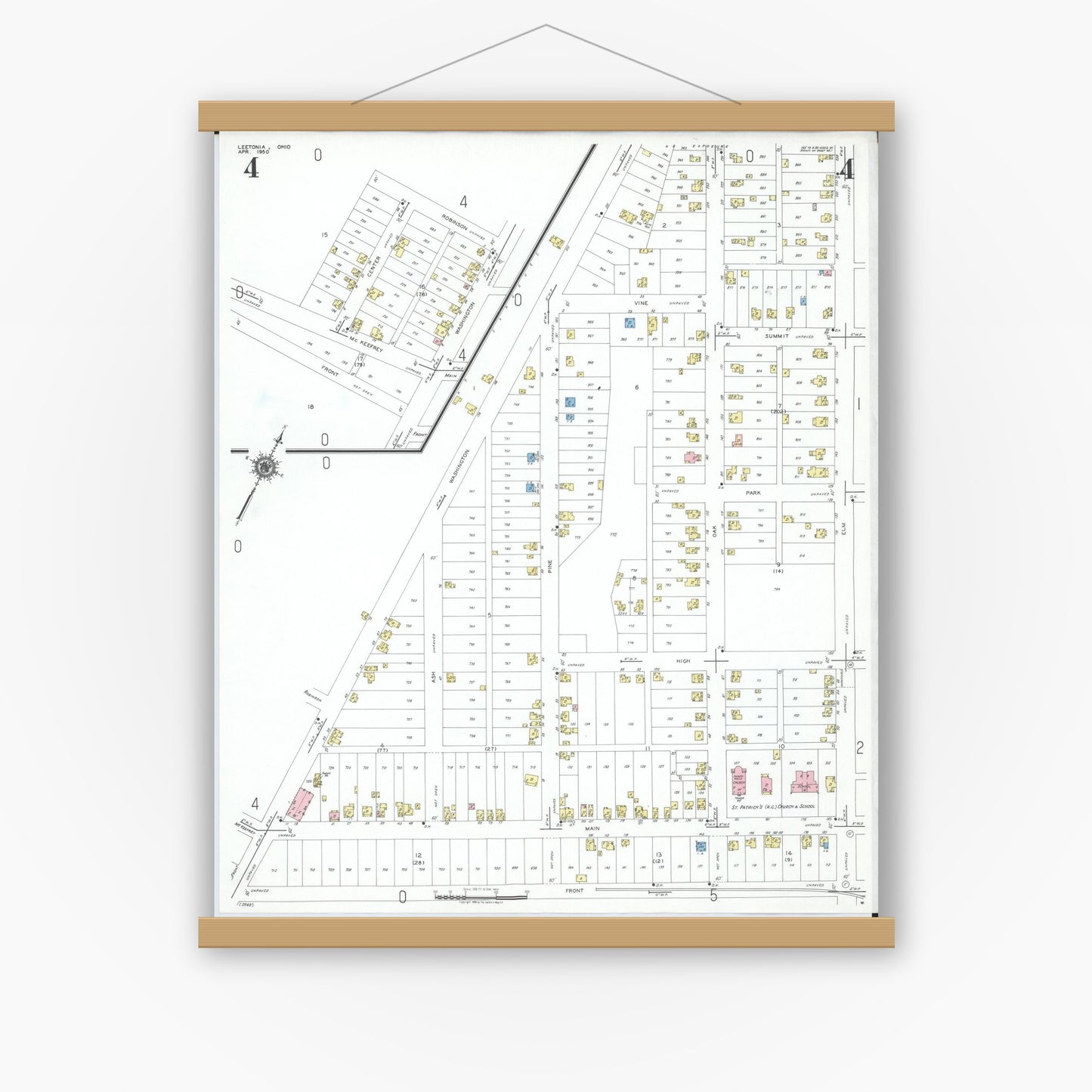 Old map wall art mockup — magnetic wood frame on white wall — Sanborn Fire Insurance Map from Leetonia, Columbiana County, Ohio (1950), Sheet #0004