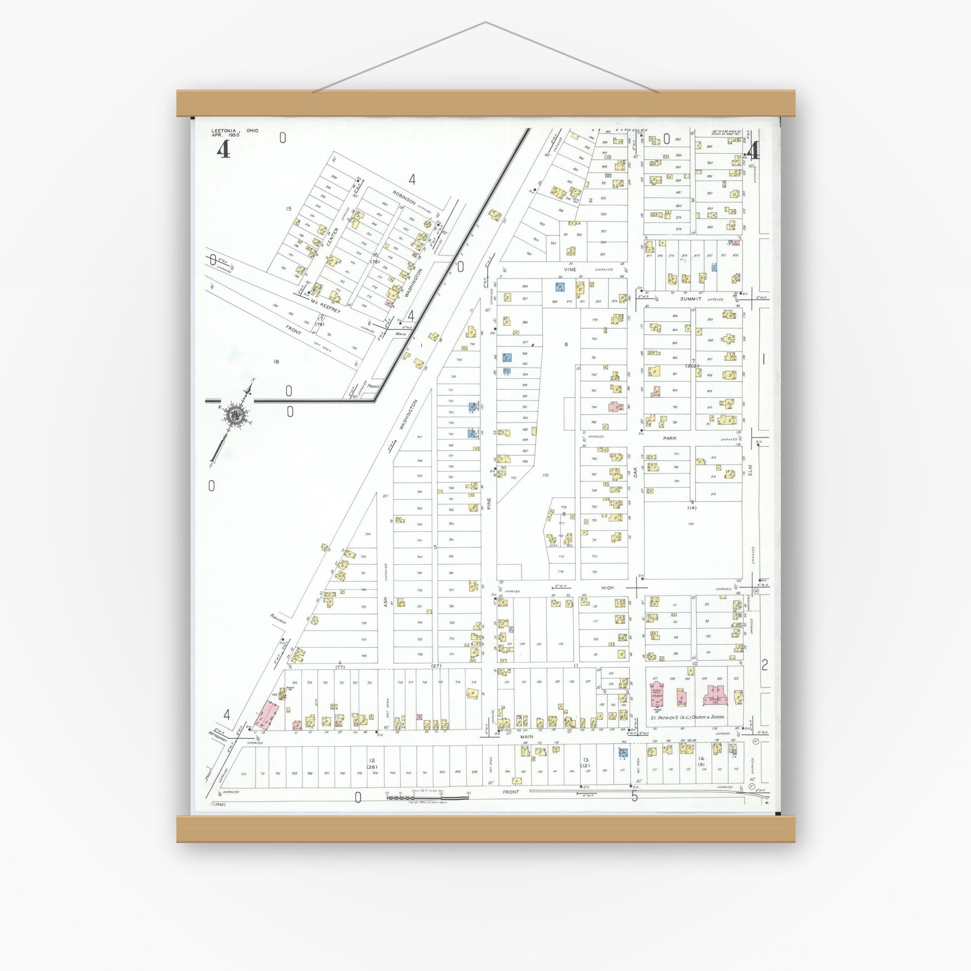 Old map wall art mockup — magnetic wood frame on white wall — Sanborn Fire Insurance Map from Leetonia, Columbiana County, Ohio (1950), Sheet #0004