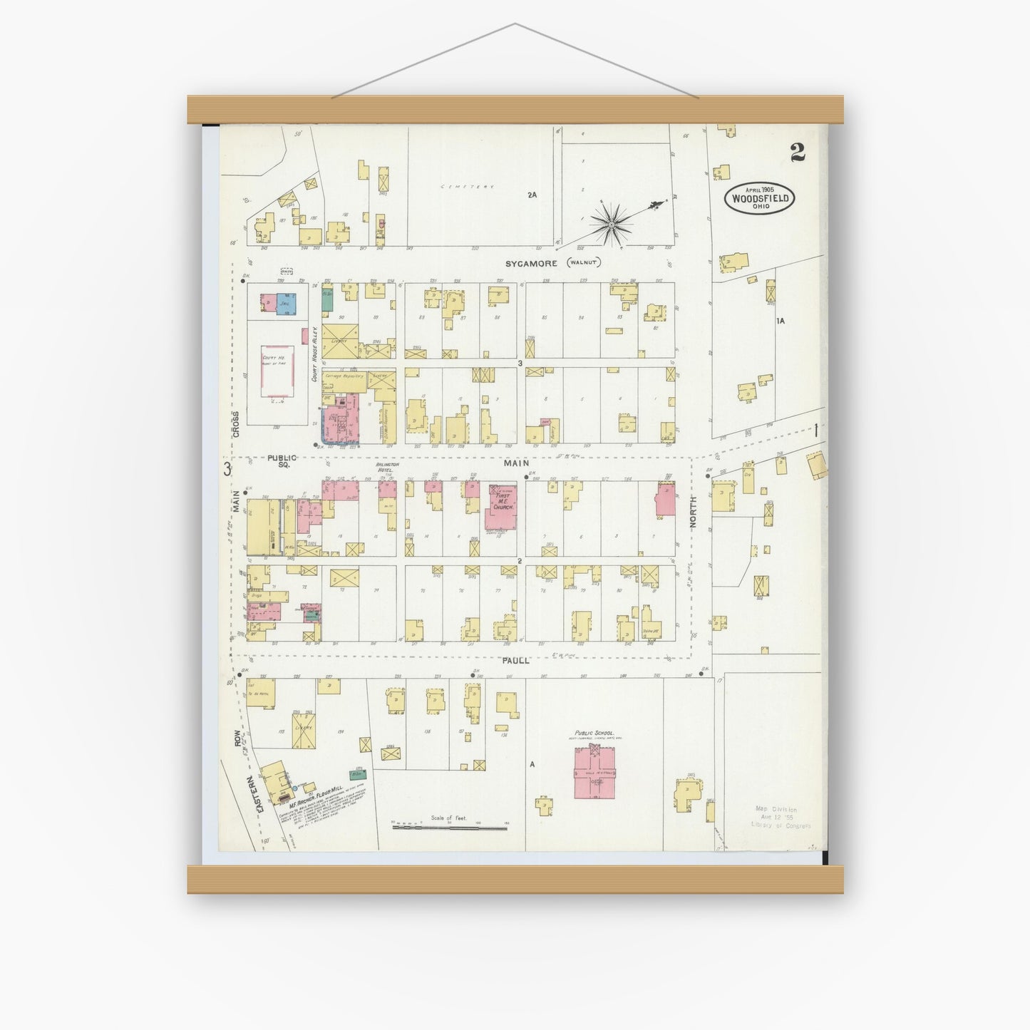 Old map wall art mockup — magnetic wood frame on white wall — Sanborn Fire Insurance Map from Woodsfield, Monroe County, Ohio (1905), Sheet #0002