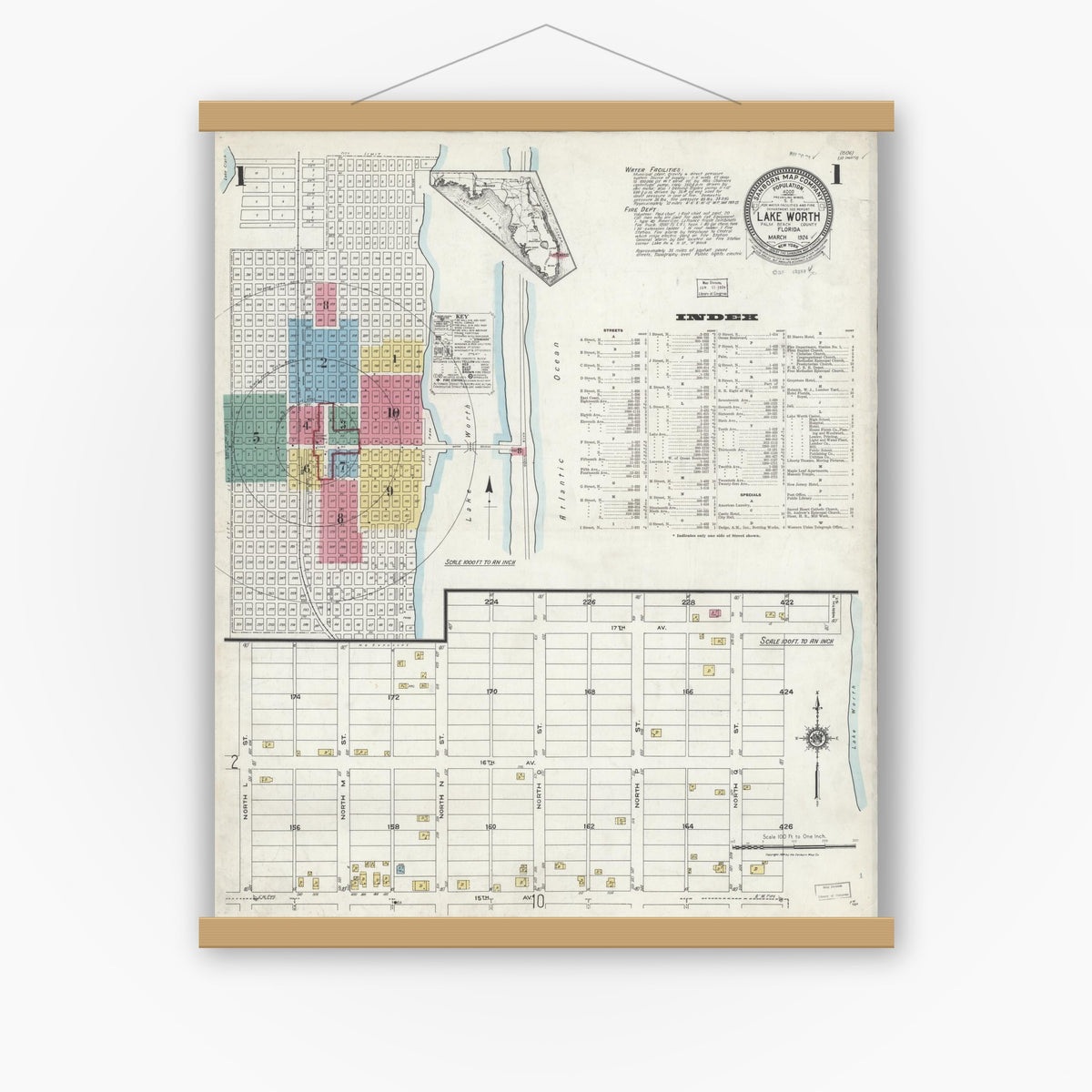Old map wall art mockup — magnetic wood frame on white wall — Sanborn Fire Insurance Map from Lake Worth, Palm Beach County, Florida (1924), Sheet #0001
