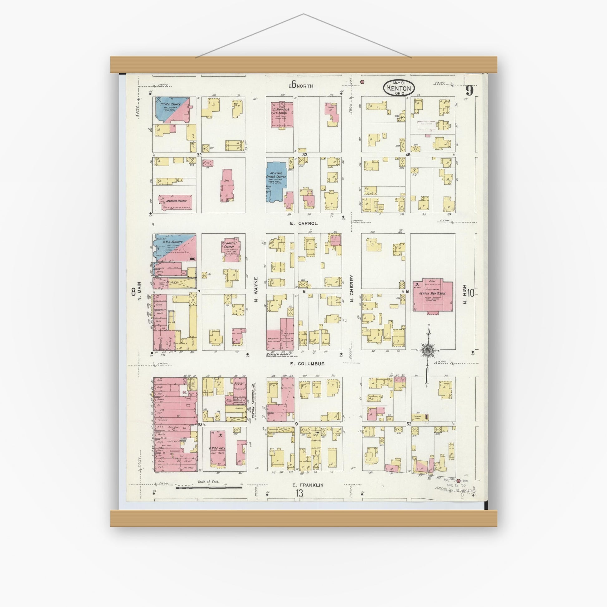 Old map wall art mockup — magnetic wood frame on white wall — Sanborn Fire Insurance Map from Kenton, Hardin County, Ohio (1911), Sheet #0009