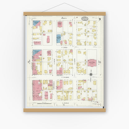 Old map wall art mockup — magnetic wood frame on white wall — Sanborn Fire Insurance Map from Kenton, Hardin County, Ohio (1911), Sheet #0009