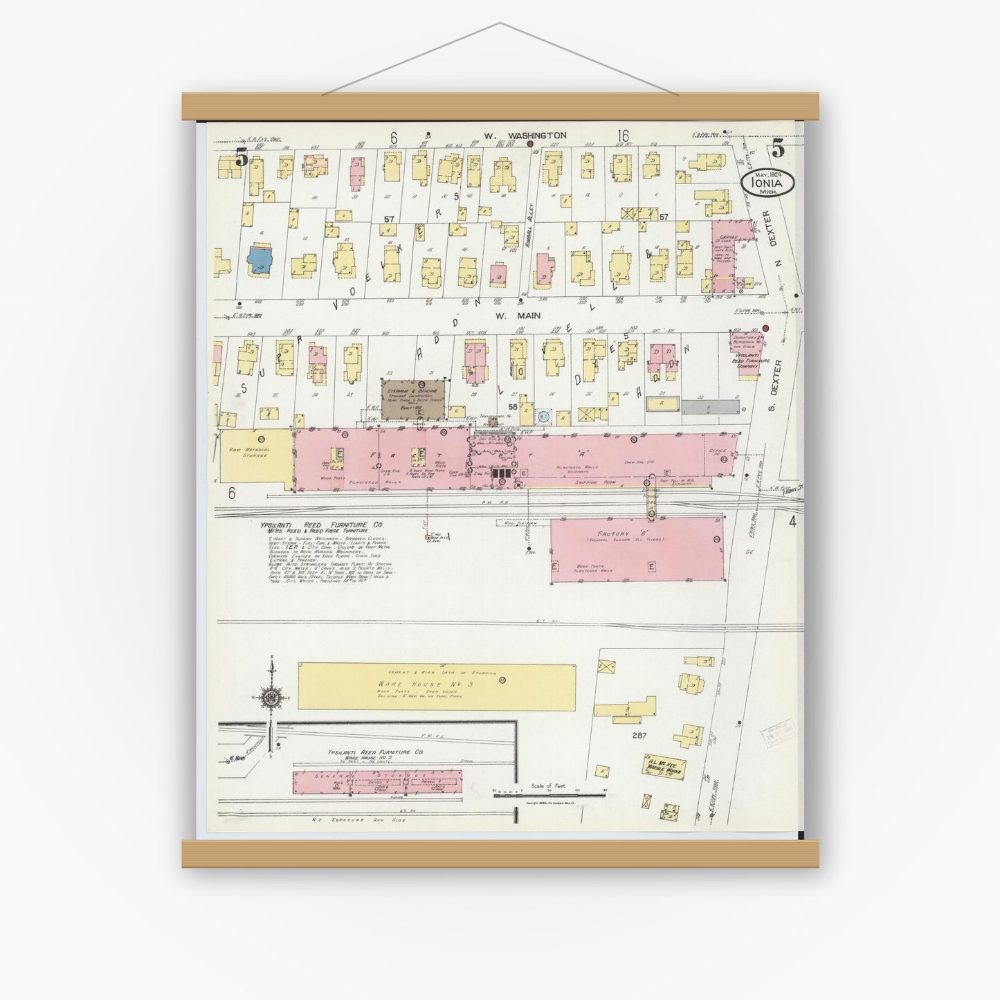 Old map wall art mockup — magnetic wood frame on white wall — Sanborn Fire Insurance Map from Ionia, Ionia County, Michigan (1924), Sheet #0005