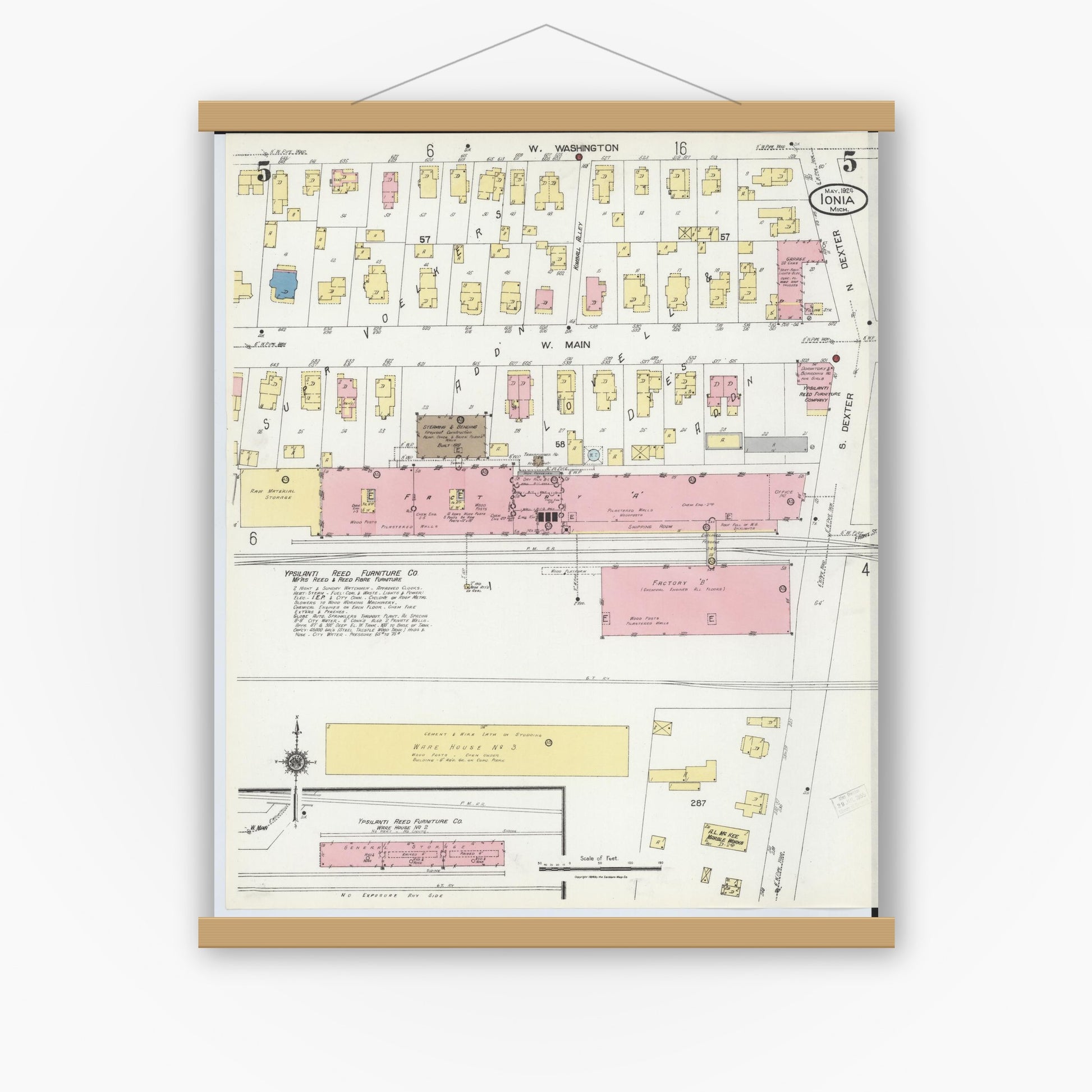 Old map wall art mockup — magnetic wood frame on white wall — Sanborn Fire Insurance Map from Ionia, Ionia County, Michigan (1924), Sheet #0005