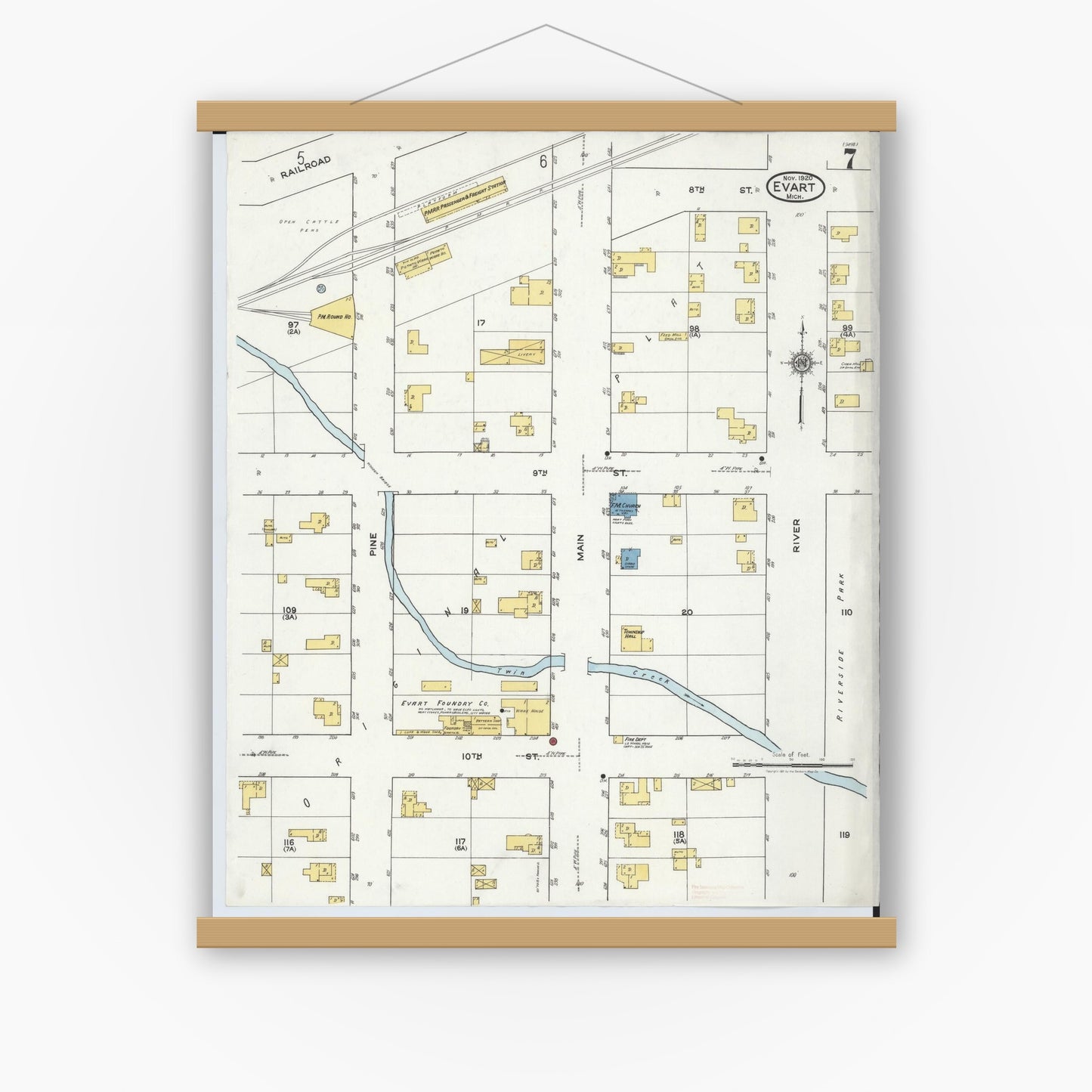 Old map wall art mockup — magnetic wood frame on white wall — Sanborn Fire Insurance Map from Evart, Osceola County, Michigan (1920), Sheet #0007