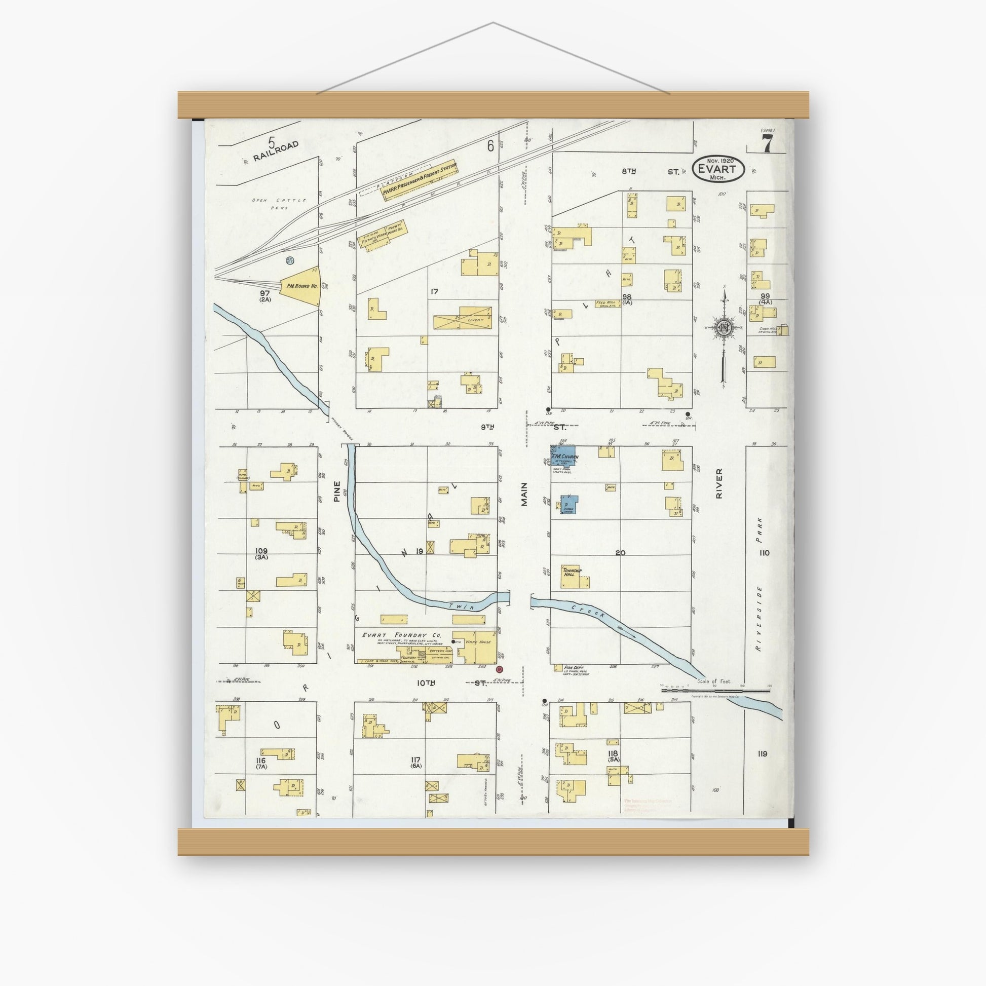 Old map wall art mockup — magnetic wood frame on white wall — Sanborn Fire Insurance Map from Evart, Osceola County, Michigan (1920), Sheet #0007