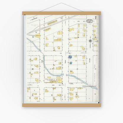 Old map wall art mockup — magnetic wood frame on white wall — Sanborn Fire Insurance Map from Evart, Osceola County, Michigan (1920), Sheet #0007