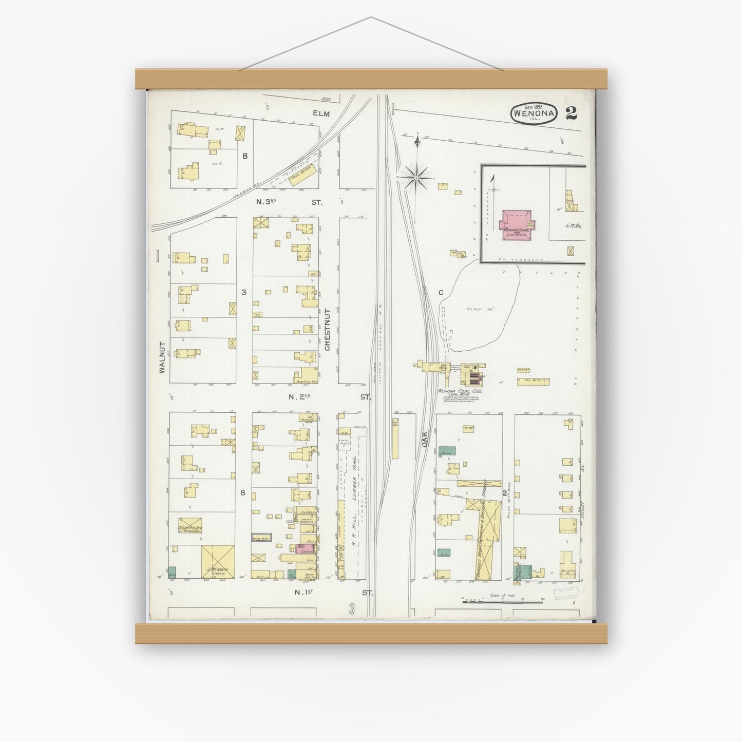 Old map wall art mockup — magnetic wood frame on white wall — Sanborn Fire Insurance Map from Wenona, Marshall County, Illinois (1892), Sheet #0002