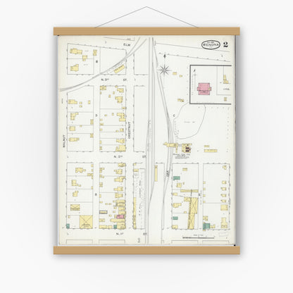Old map wall art mockup — magnetic wood frame on white wall — Sanborn Fire Insurance Map from Wenona, Marshall County, Illinois (1892), Sheet #0002