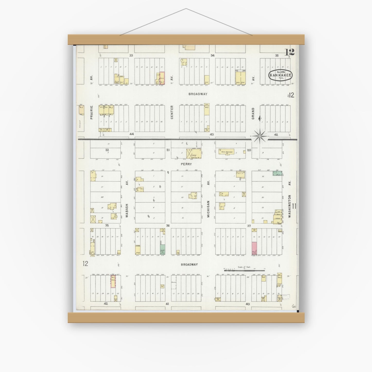 Old map wall art mockup — magnetic wood frame on white wall — Sanborn Fire Insurance Map from Kankakee, Kankakee County, Illinois (1896), Sheet #0012