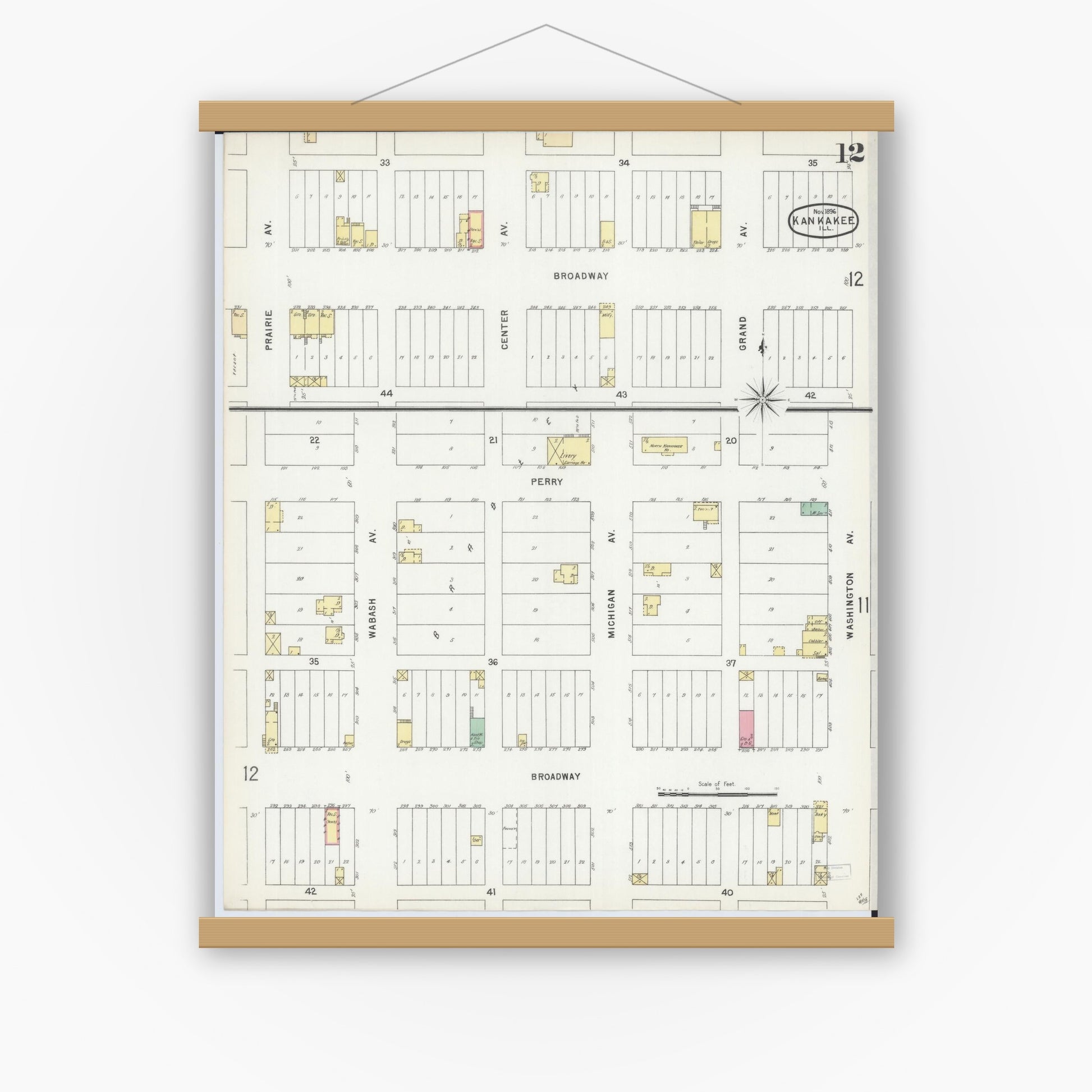 Old map wall art mockup — magnetic wood frame on white wall — Sanborn Fire Insurance Map from Kankakee, Kankakee County, Illinois (1896), Sheet #0012
