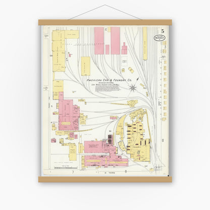 Old map wall art mockup — magnetic wood frame on white wall — Sanborn Fire Insurance Map from Berwick, Columbia County, Pennsylvania (1907), Sheet #0005