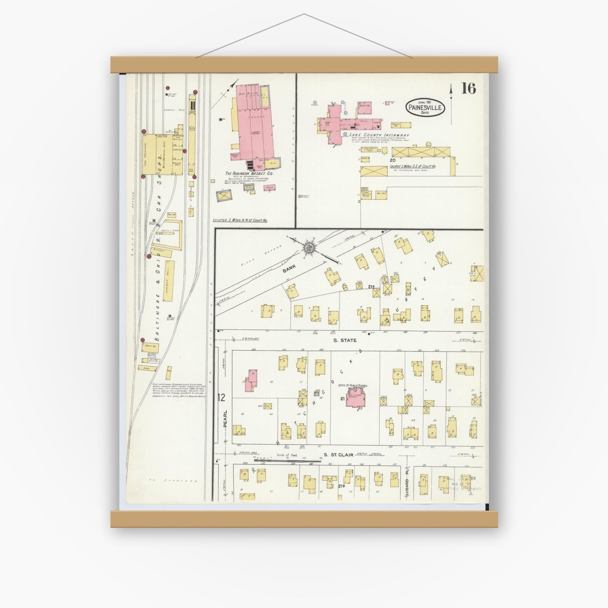 Old map wall art mockup — magnetic wood frame on white wall — Sanborn Fire Insurance Map from Painesville, Lake County, Ohio (1911), Sheet #0016