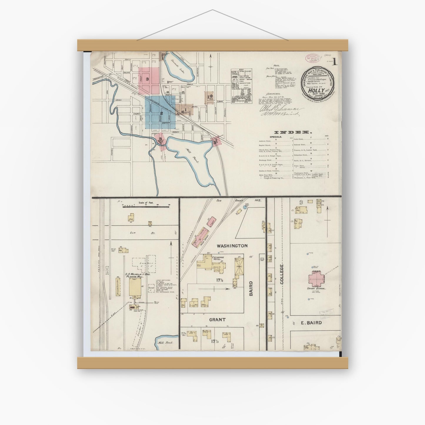 Old map wall art mockup — magnetic wood frame on white wall — Sanborn Fire Insurance Map from Holly, Oakland County, Michigan (1888) - Complete Map Set