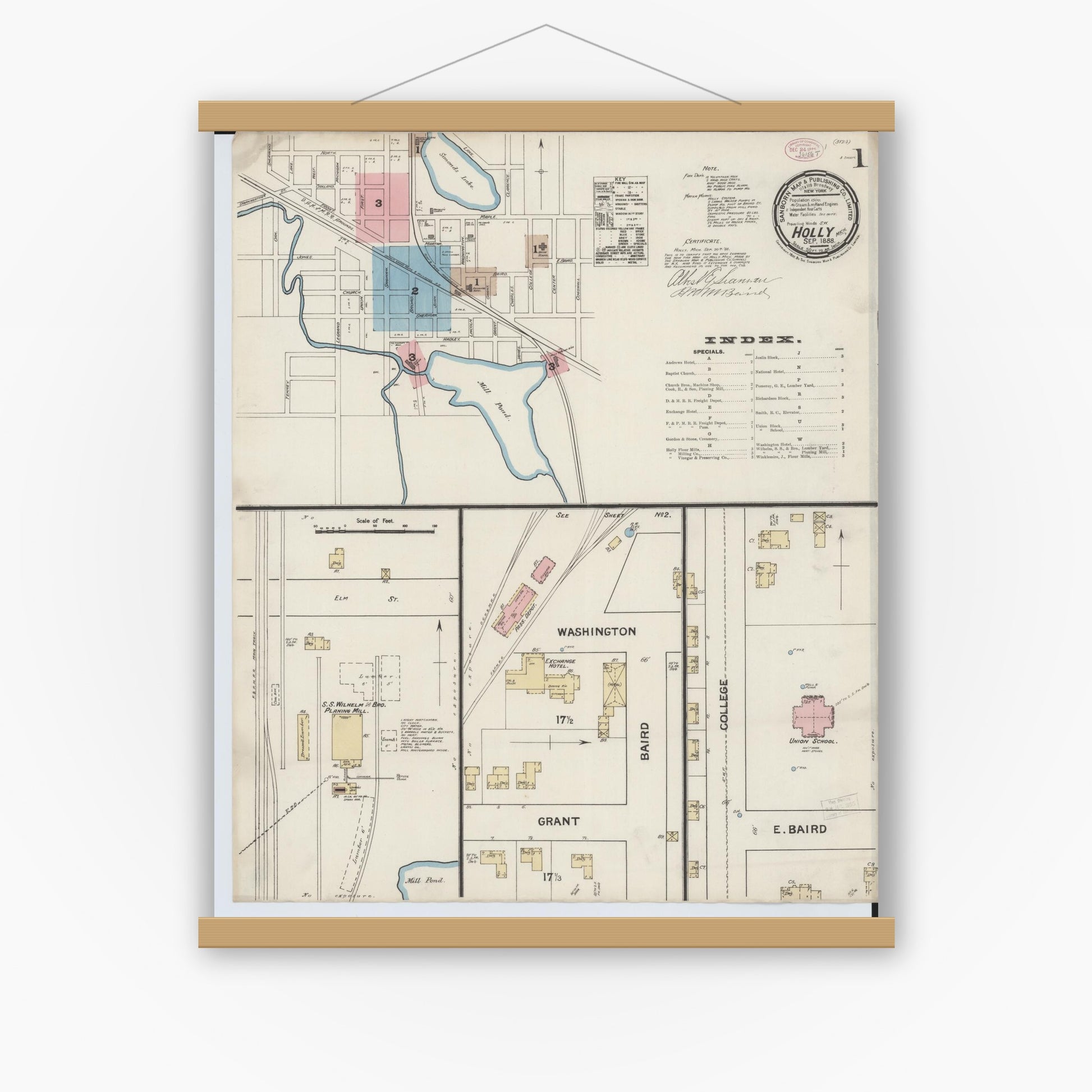 Old map wall art mockup — magnetic wood frame on white wall — Sanborn Fire Insurance Map from Holly, Oakland County, Michigan (1888) - Complete Map Set