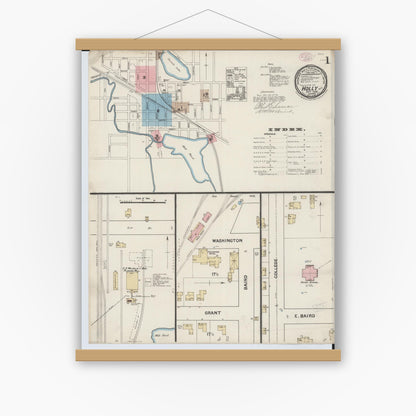 Old map wall art mockup — magnetic wood frame on white wall — Sanborn Fire Insurance Map from Holly, Oakland County, Michigan (1888) - Complete Map Set