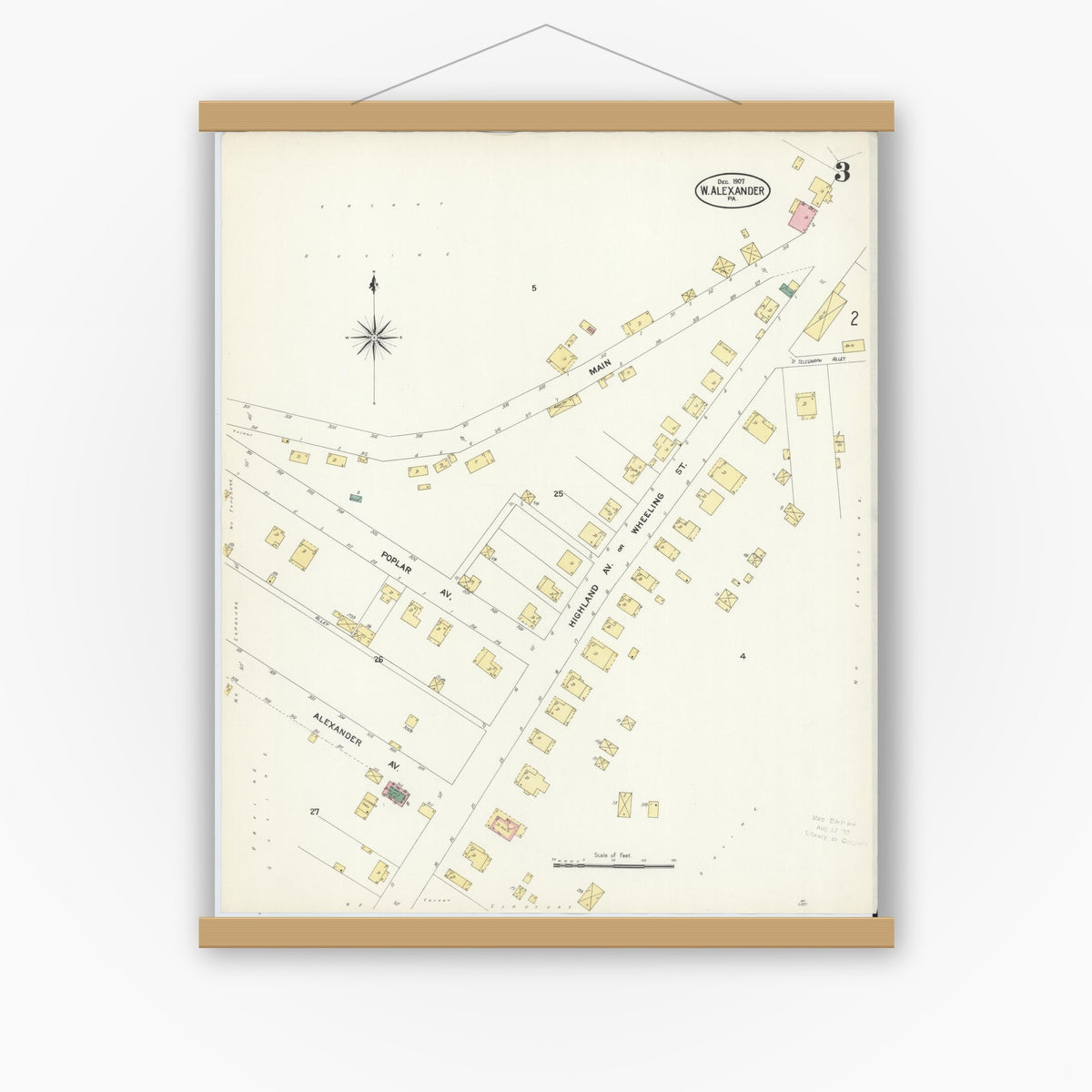 Old map wall art mockup — magnetic wood frame on white wall — Sanborn Fire Insurance Map from West Alexander, Washington County, Pennsylvania (1907), Sheet #0003