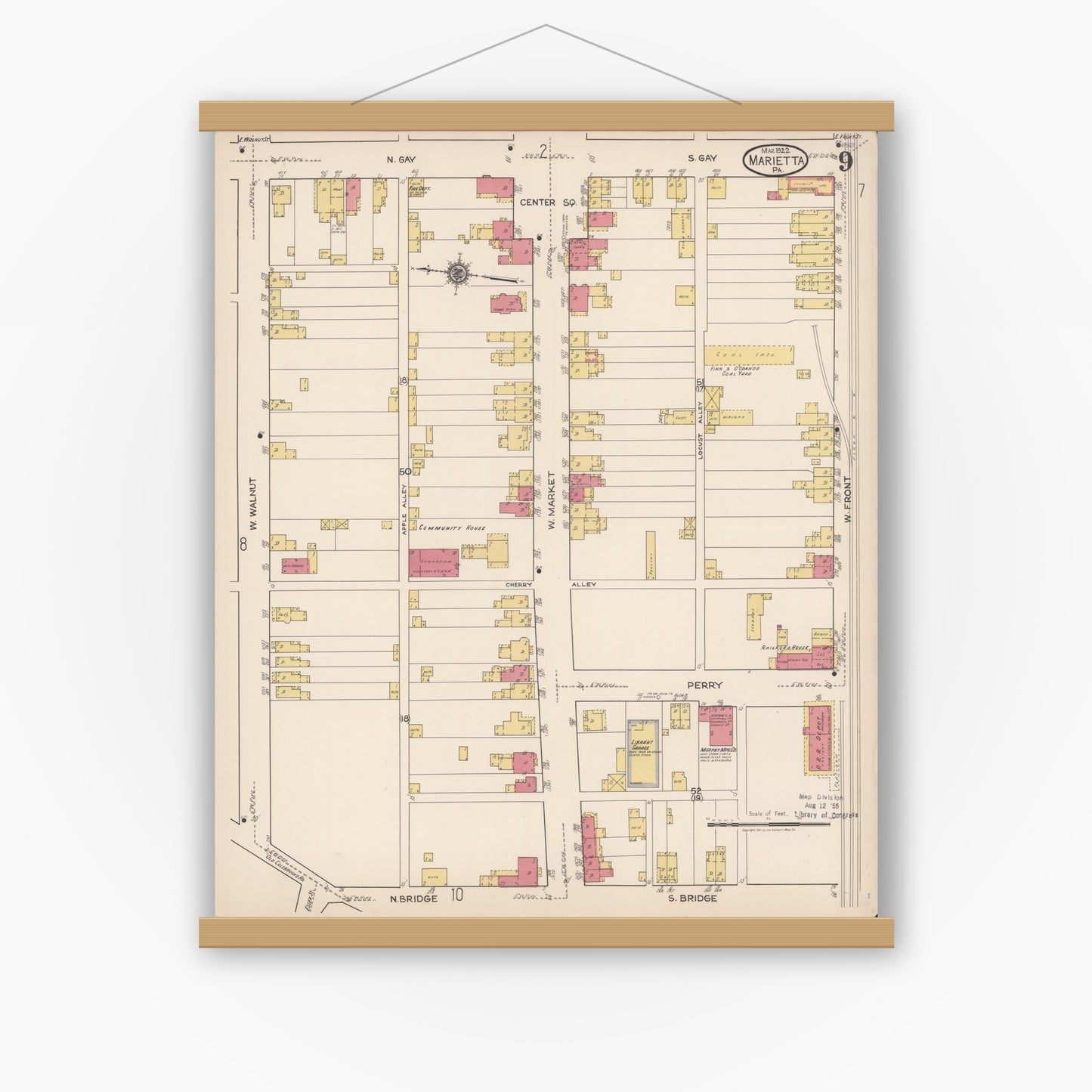 Old map wall art mockup — magnetic wood frame on white wall — Sanborn Fire Insurance Map from Marietta, Lancaster County, Pennsylvania (1922), Sheet #0009