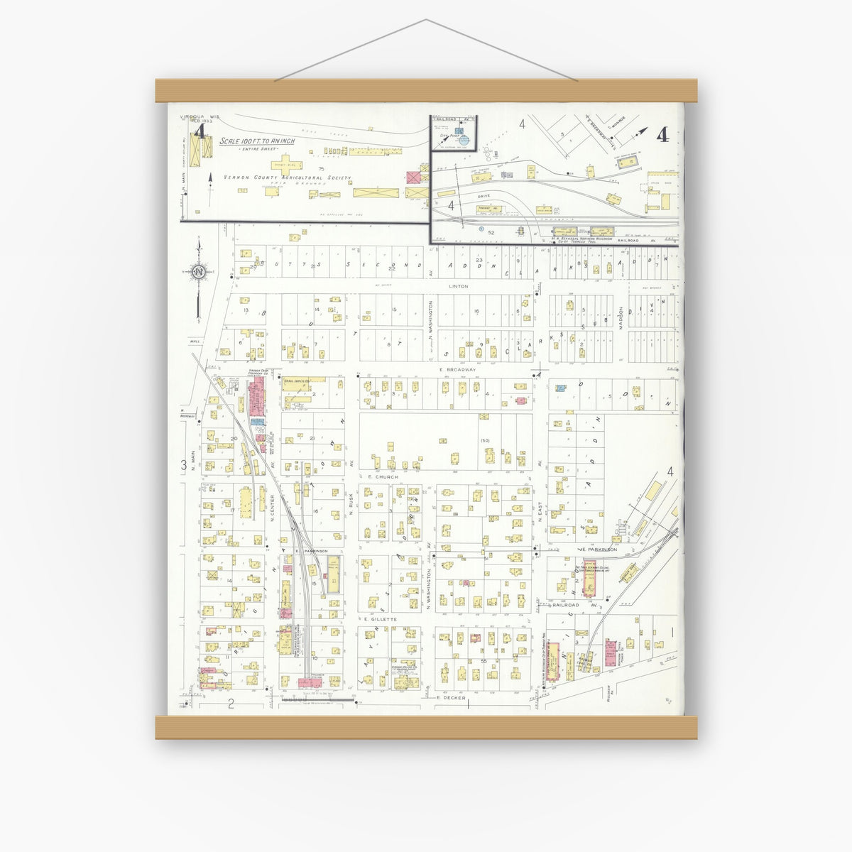 Old map wall art mockup — magnetic wood frame on white wall — Sanborn Fire Insurance Map from Viroqua, Vernon County, Wisconsin (1933), Sheet #0004