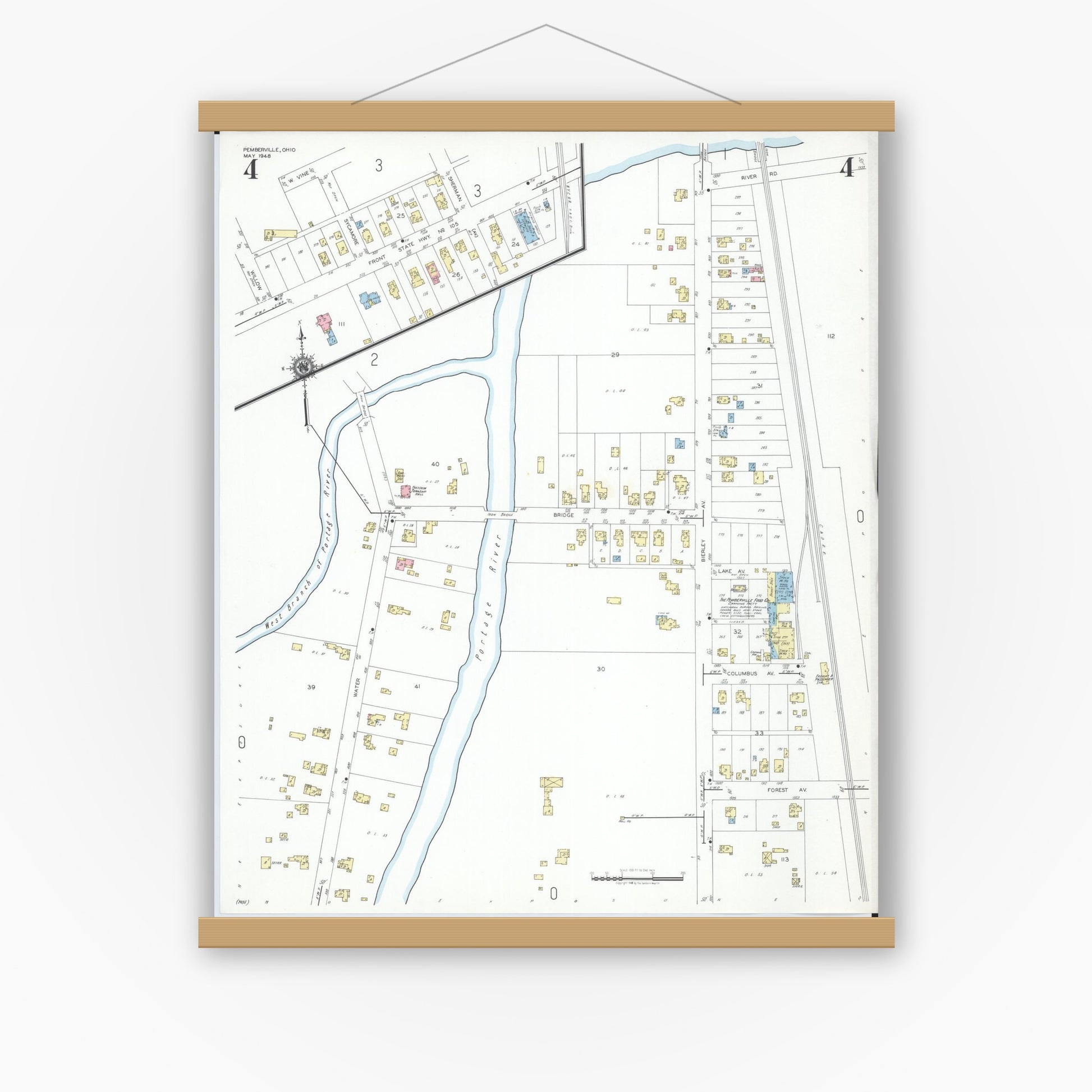 Old map wall art mockup — magnetic wood frame on white wall — Sanborn Fire Insurance Map from Pemberville, Wood County, Ohio (1948), Sheet #0004