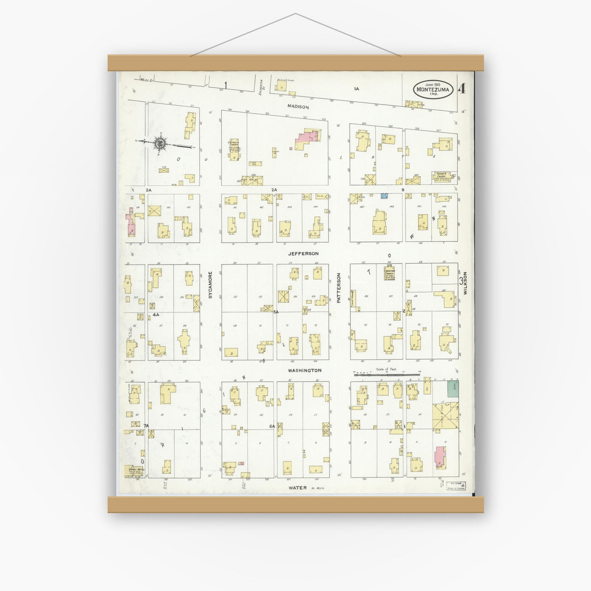 Old map wall art mockup — magnetic wood frame on white wall — Sanborn Fire Insurance Map from Montezuma, Parke County, Indiana (1910), Sheet #0004