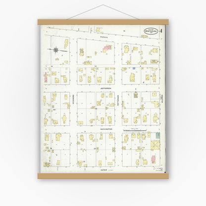 Old map wall art mockup — magnetic wood frame on white wall — Sanborn Fire Insurance Map from Montezuma, Parke County, Indiana (1910), Sheet #0004