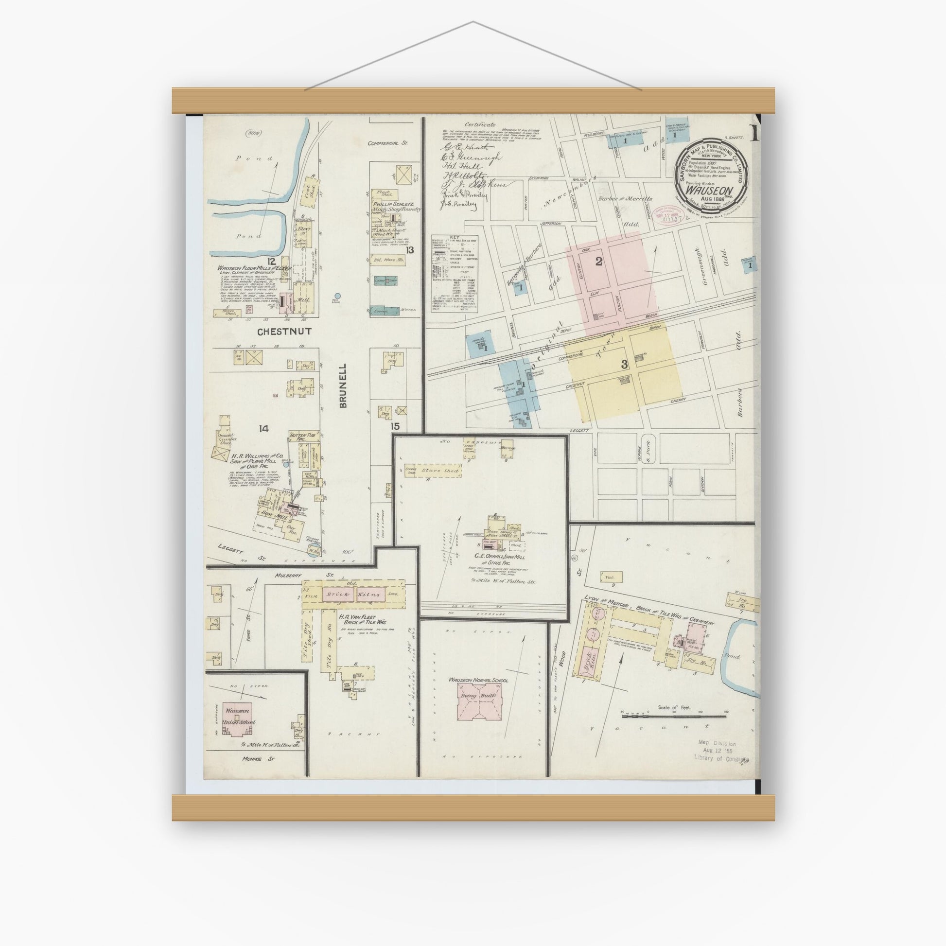 Old map wall art mockup — magnetic wood frame on white wall — Sanborn Fire Insurance Map from Wauseon, Fulton County, Ohio (1888), Sheet #0001