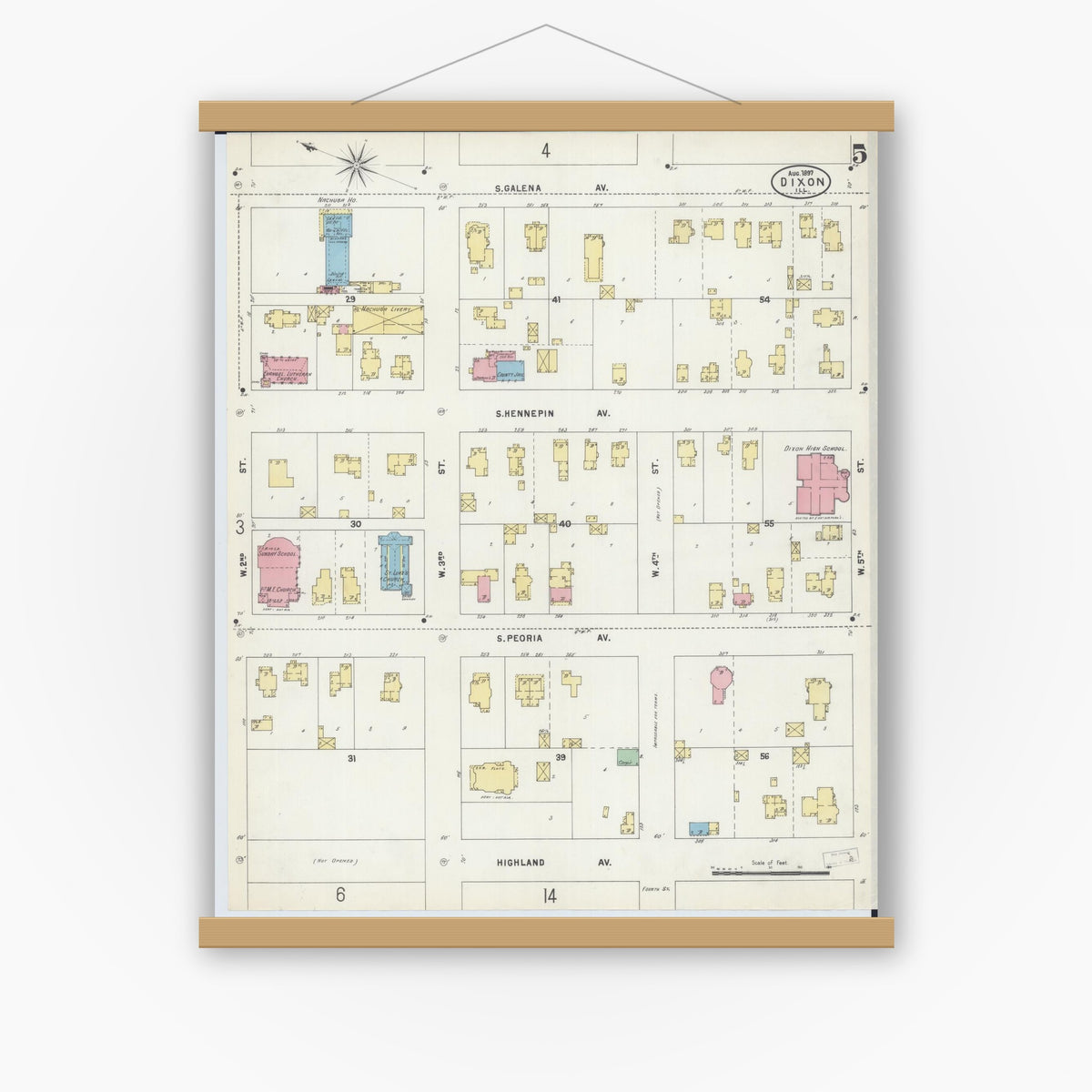 Old map wall art mockup — magnetic wood frame on white wall — Sanborn Fire Insurance Map from Dixon, Lee County, Illinois (1897), Sheet #0005