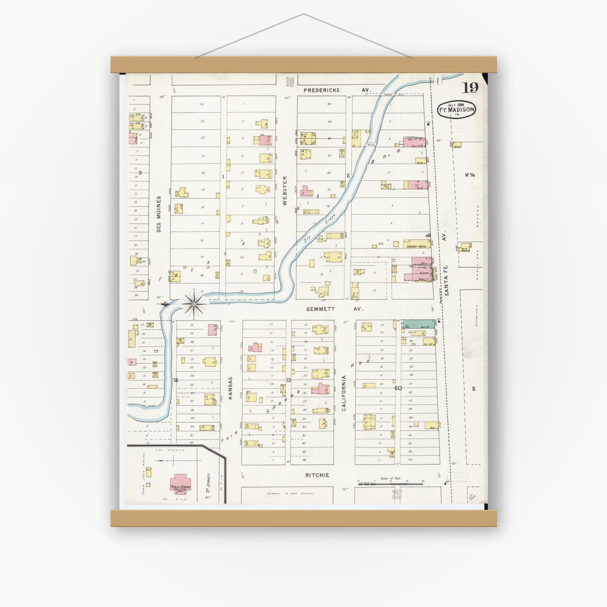 Old map wall art mockup — magnetic wood frame on white wall — Sanborn Fire Insurance Map from Fort Madison, Lee County, Iowa (1894), Sheet #0019