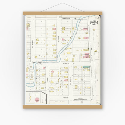 Old map wall art mockup — magnetic wood frame on white wall — Sanborn Fire Insurance Map from Fort Madison, Lee County, Iowa (1894), Sheet #0019