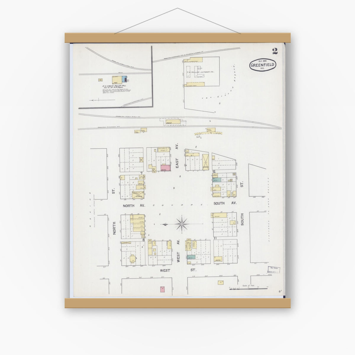Old map wall art mockup — magnetic wood frame on white wall — Sanborn Fire Insurance Map from Greenfield, Dade County, Missouri (1892), Sheet #0002