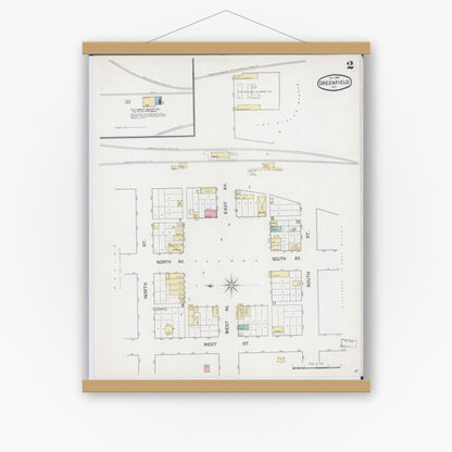 Old map wall art mockup — magnetic wood frame on white wall — Sanborn Fire Insurance Map from Greenfield, Dade County, Missouri (1892), Sheet #0002