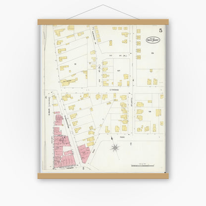 Old map wall art mockup — magnetic wood frame on white wall — Sanborn Fire Insurance Map from Rocky Mount, Edgecombe And Nash Counties, North Carolina (1907), Sheet #0005