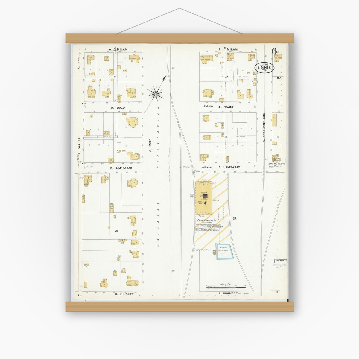 Old map wall art mockup — magnetic wood frame on white wall — Sanborn Fire Insurance Map from Ennis, Ellis County, Texas (1909), Sheet #0006