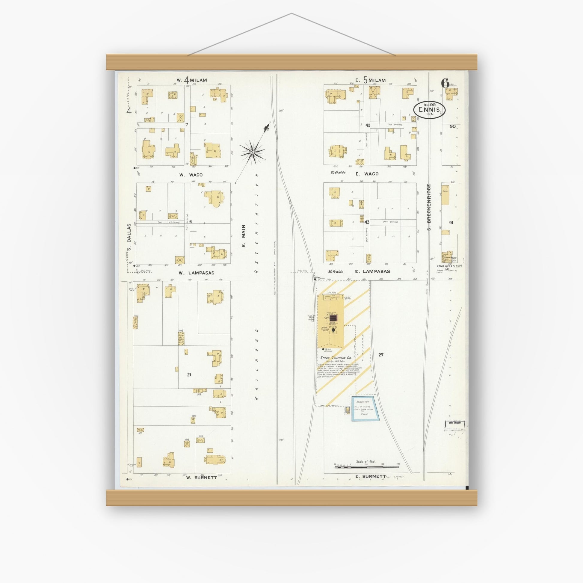 Old map wall art mockup — magnetic wood frame on white wall — Sanborn Fire Insurance Map from Ennis, Ellis County, Texas (1909), Sheet #0006