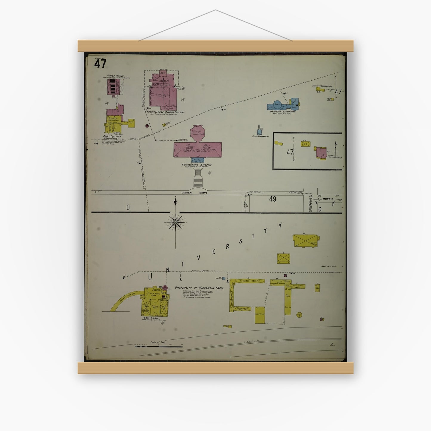 Old map wall art mockup — magnetic wood frame on white wall — Sanborn Fire Insurance Map from Madison, Dane County, Wisconsin (1908), Sheet #0047