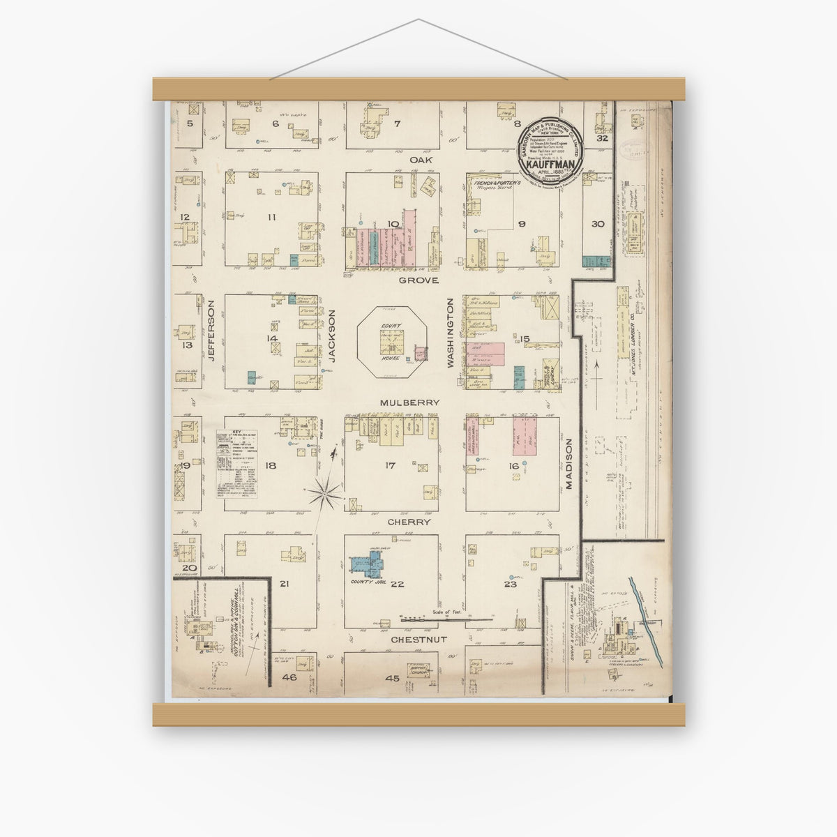 Old map wall art mockup — magnetic wood frame on white wall — Sanborn Fire Insurance Map from Kaufman, Kaufman County, Texas (1885), Sheet #0001