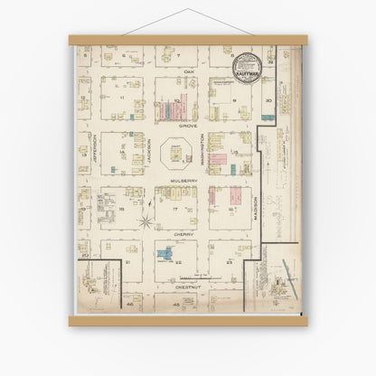 Old map wall art mockup — magnetic wood frame on white wall — Sanborn Fire Insurance Map from Kaufman, Kaufman County, Texas (1885), Sheet #0001