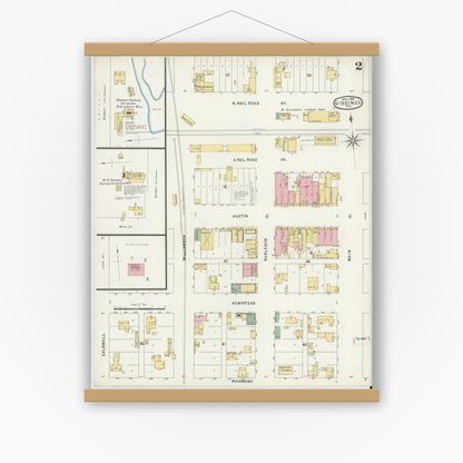 Old map wall art mockup — magnetic wood frame on white wall — Sanborn Fire Insurance Map from Giddings, Lee County, Texas (1896), Sheet #0002