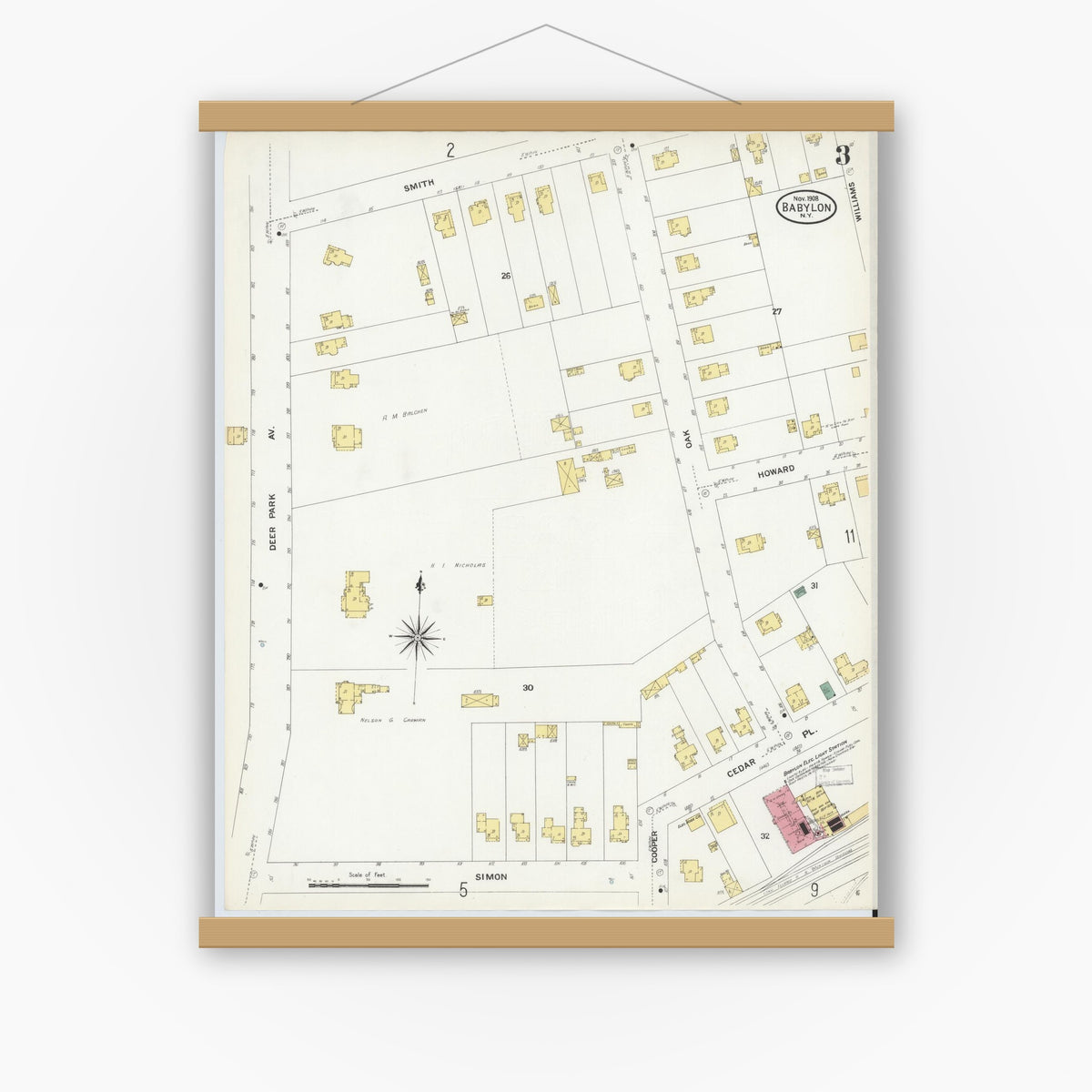 Old map wall art mockup — magnetic wood frame on white wall — Sanborn Fire Insurance Map from Babylon, Suffolk County, New York (1908), Sheet #0003